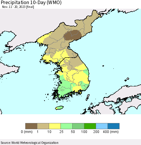 Korea Precipitation 10-Day (WMO) Thematic Map For 11/11/2023 - 11/20/2023
