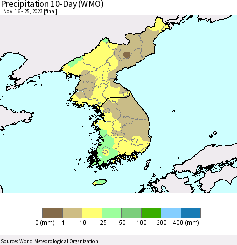 Korea Precipitation 10-Day (WMO) Thematic Map For 11/16/2023 - 11/25/2023