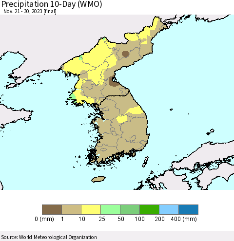 Korea Precipitation 10-Day (WMO) Thematic Map For 11/21/2023 - 11/30/2023