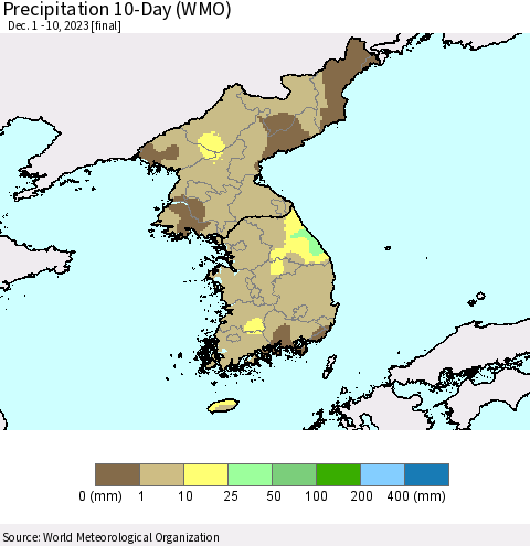 Korea Precipitation 10-Day (WMO) Thematic Map For 12/1/2023 - 12/10/2023