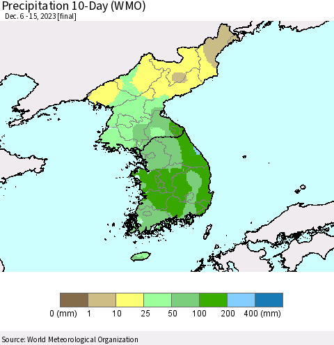 Korea Precipitation 10-Day (WMO) Thematic Map For 12/6/2023 - 12/15/2023