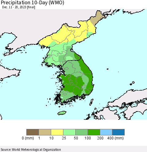 Korea Precipitation 10-Day (WMO) Thematic Map For 12/11/2023 - 12/20/2023