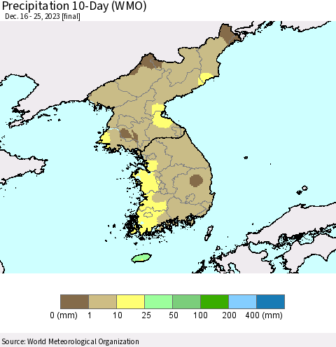 Korea Precipitation 10-Day (WMO) Thematic Map For 12/16/2023 - 12/25/2023