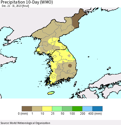 Korea Precipitation 10-Day (WMO) Thematic Map For 12/21/2023 - 12/31/2023