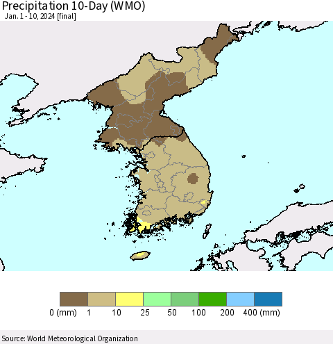 Korea Precipitation 10-Day (WMO) Thematic Map For 1/1/2024 - 1/10/2024