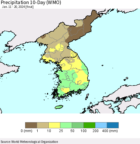 Korea Precipitation 10-Day (WMO) Thematic Map For 1/11/2024 - 1/20/2024