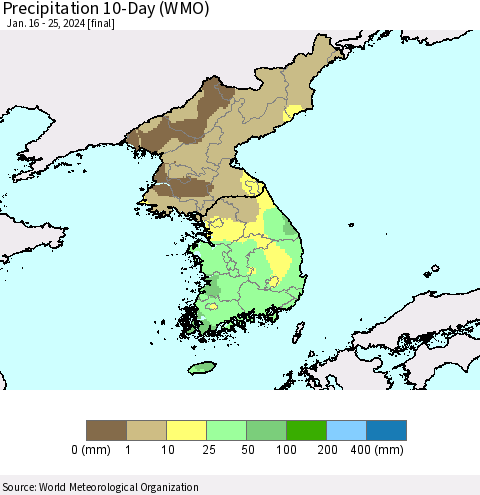 Korea Precipitation 10-Day (WMO) Thematic Map For 1/16/2024 - 1/25/2024