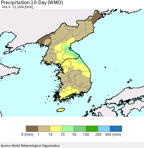 Korea Precipitation 10-Day (WMO) Thematic Map For 2/6/2024 - 2/15/2024