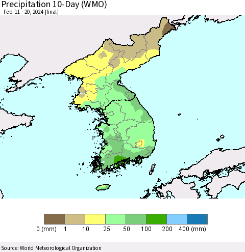 Korea Precipitation 10-Day (WMO) Thematic Map For 2/11/2024 - 2/20/2024