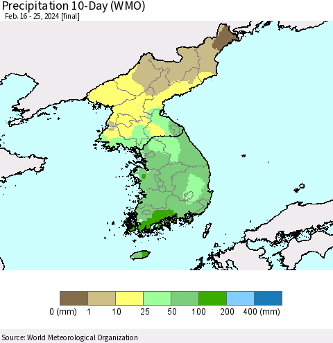 Korea Precipitation 10-Day (WMO) Thematic Map For 2/16/2024 - 2/25/2024