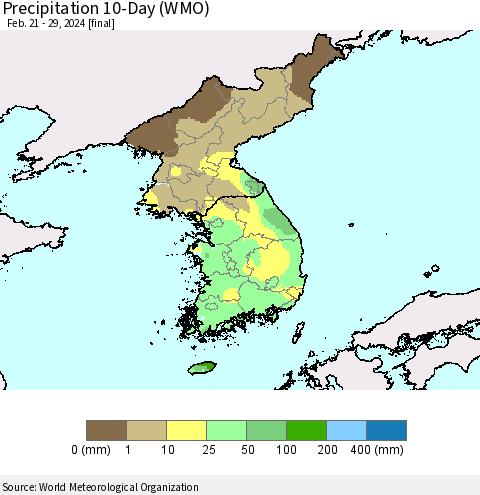 Korea Precipitation 10-Day (WMO) Thematic Map For 2/21/2024 - 2/29/2024