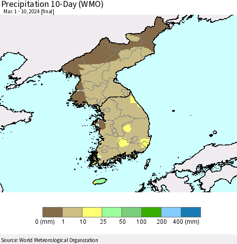 Korea Precipitation 10-Day (WMO) Thematic Map For 3/1/2024 - 3/10/2024