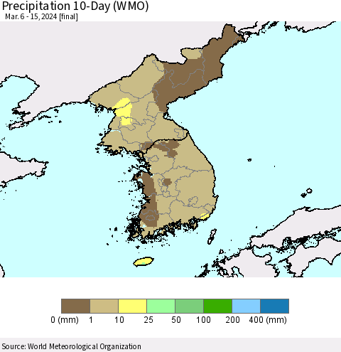 Korea Precipitation 10-Day (WMO) Thematic Map For 3/6/2024 - 3/15/2024