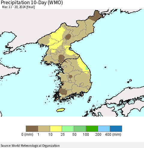 Korea Precipitation 10-Day (WMO) Thematic Map For 3/11/2024 - 3/20/2024