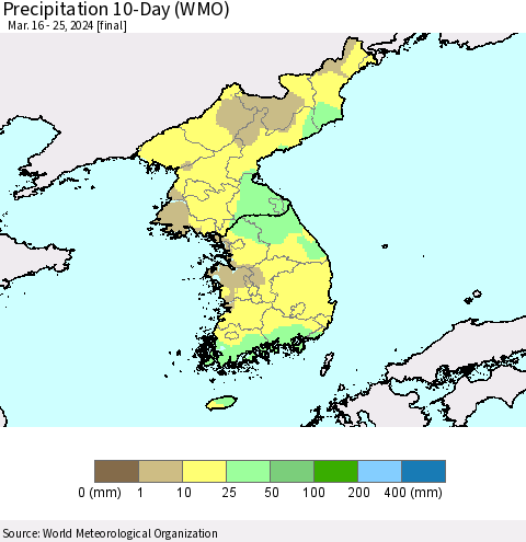 Korea Precipitation 10-Day (WMO) Thematic Map For 3/16/2024 - 3/25/2024