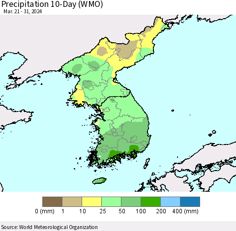 Korea Precipitation 10-Day (WMO) Thematic Map For 3/21/2024 - 3/31/2024