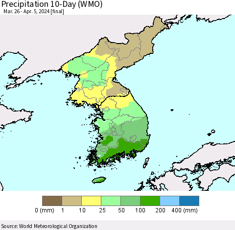 Korea Precipitation 10-Day (WMO) Thematic Map For 3/26/2024 - 4/5/2024