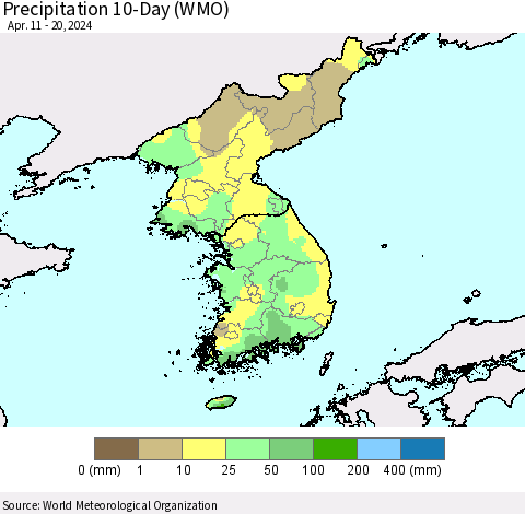 Korea Precipitation 10-Day (WMO) Thematic Map For 4/11/2024 - 4/20/2024