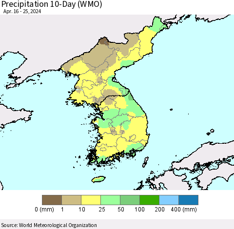 Korea Precipitation 10-Day (WMO) Thematic Map For 4/16/2024 - 4/25/2024