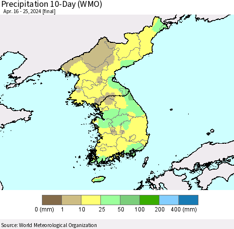 Korea Precipitation 10-Day (WMO) Thematic Map For 4/16/2024 - 4/25/2024
