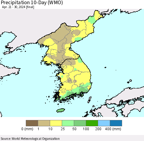 Korea Precipitation 10-Day (WMO) Thematic Map For 4/21/2024 - 4/30/2024