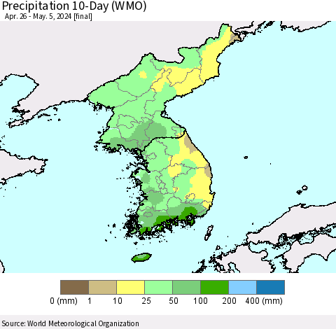 Korea Precipitation 10-Day (WMO) Thematic Map For 4/26/2024 - 5/5/2024