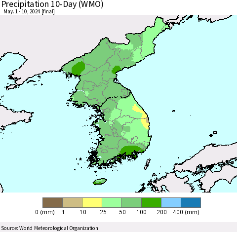 Korea Precipitation 10-Day (WMO) Thematic Map For 5/1/2024 - 5/10/2024