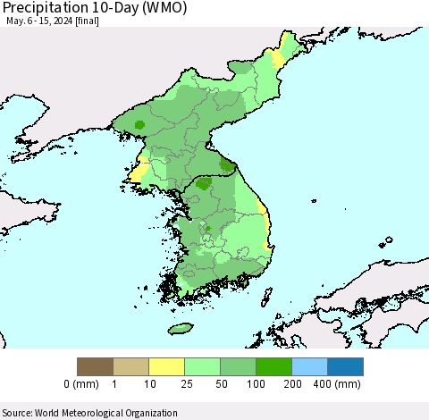 Korea Precipitation 10-Day (WMO) Thematic Map For 5/6/2024 - 5/15/2024