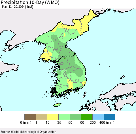 Korea Precipitation 10-Day (WMO) Thematic Map For 5/11/2024 - 5/20/2024