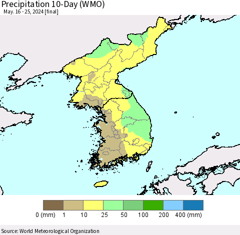 Korea Precipitation 10-Day (WMO) Thematic Map For 5/16/2024 - 5/25/2024