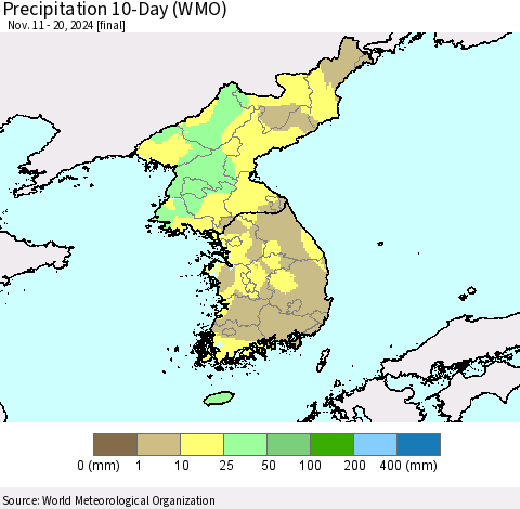 Korea Precipitation 10-Day (WMO) Thematic Map For 11/11/2024 - 11/20/2024