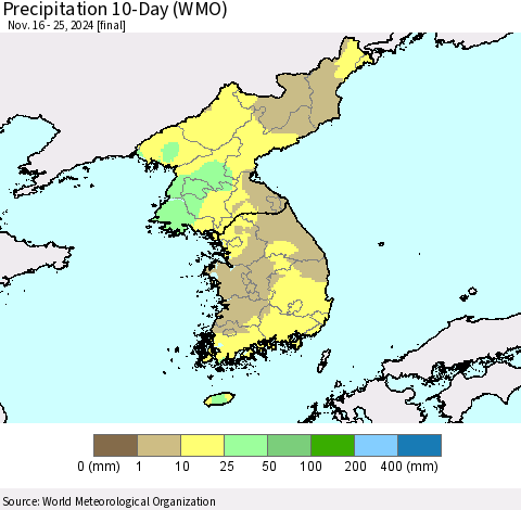 Korea Precipitation 10-Day (WMO) Thematic Map For 11/16/2024 - 11/25/2024