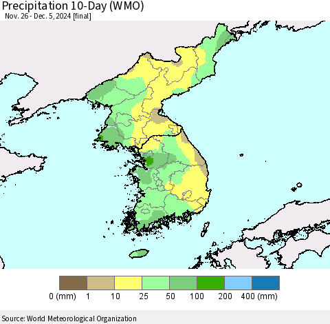 Korea Precipitation 10-Day (WMO) Thematic Map For 11/26/2024 - 12/5/2024