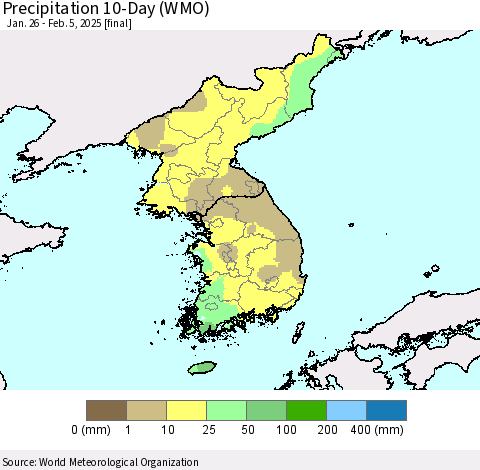Korea Precipitation 10-Day (WMO) Thematic Map For 1/26/2025 - 2/5/2025
