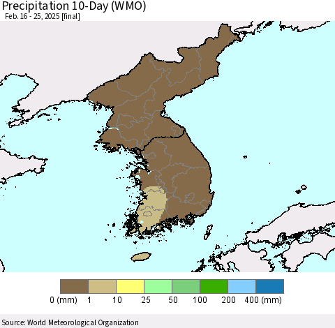 Korea Precipitation 10-Day (WMO) Thematic Map For 2/16/2025 - 2/25/2025