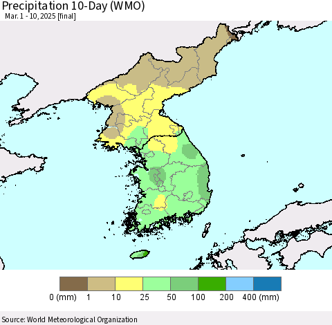 Korea Precipitation 10-Day (WMO) Thematic Map For 3/1/2025 - 3/10/2025