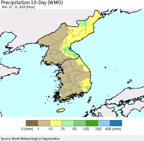 Korea Precipitation 10-Day (WMO) Thematic Map For 3/21/2025 - 3/31/2025