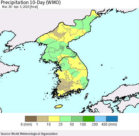 Korea Precipitation 10-Day (WMO) Thematic Map For 3/26/2025 - 4/5/2025