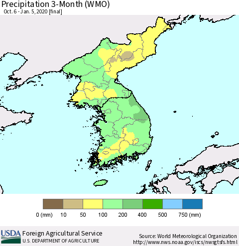 Korea Precipitation 3-Month (WMO) Thematic Map For 10/6/2019 - 1/5/2020