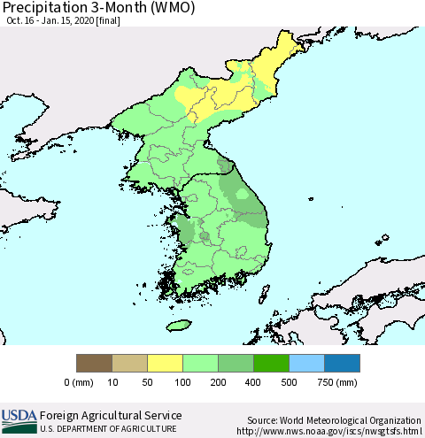 Korea Precipitation 3-Month (WMO) Thematic Map For 10/16/2019 - 1/15/2020
