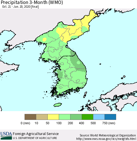Korea Precipitation 3-Month (WMO) Thematic Map For 10/21/2019 - 1/20/2020