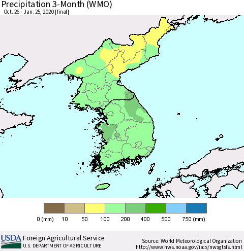 Korea Precipitation 3-Month (WMO) Thematic Map For 10/26/2019 - 1/25/2020