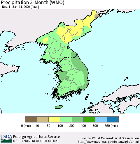 Korea Precipitation 3-Month (WMO) Thematic Map For 11/1/2019 - 1/31/2020