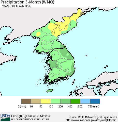 Korea Precipitation 3-Month (WMO) Thematic Map For 11/6/2019 - 2/5/2020