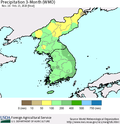 Korea Precipitation 3-Month (WMO) Thematic Map For 11/16/2019 - 2/15/2020