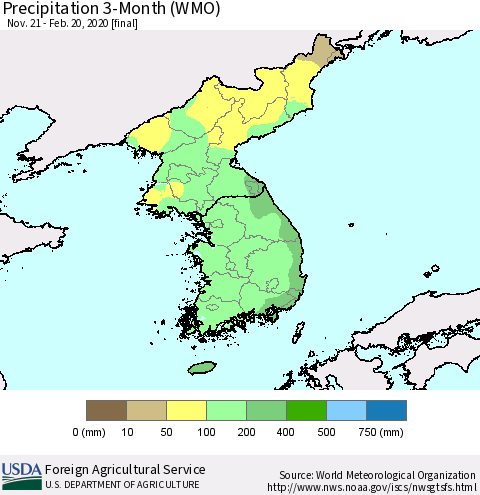 Korea Precipitation 3-Month (WMO) Thematic Map For 11/21/2019 - 2/20/2020