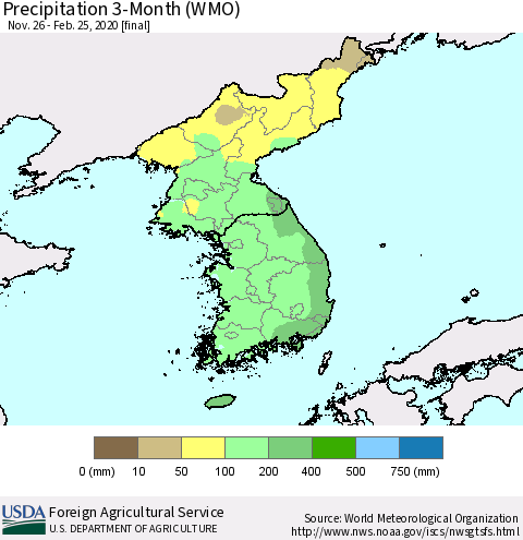 Korea Precipitation 3-Month (WMO) Thematic Map For 11/26/2019 - 2/25/2020
