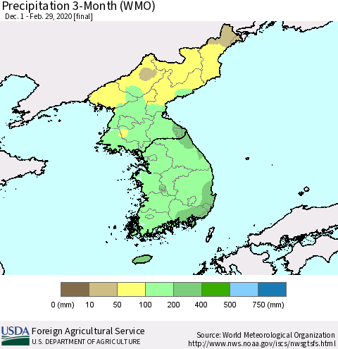 Korea Precipitation 3-Month (WMO) Thematic Map For 12/1/2019 - 2/29/2020
