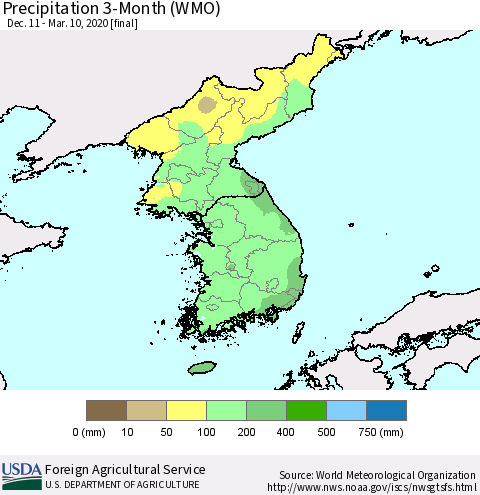 Korea Precipitation 3-Month (WMO) Thematic Map For 12/11/2019 - 3/10/2020