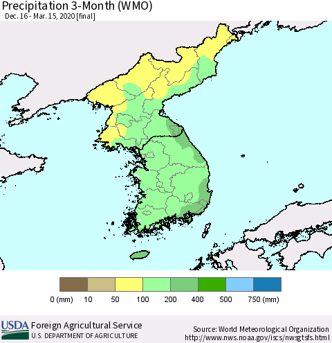 Korea Precipitation 3-Month (WMO) Thematic Map For 12/16/2019 - 3/15/2020